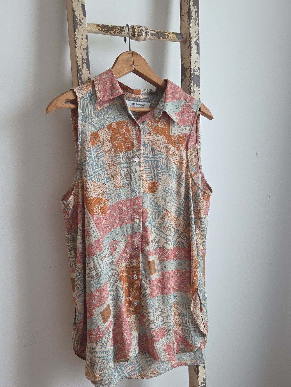 Rose & Olive Multicolor Quilted-Print Blouse in Teal, Coral, Rust
